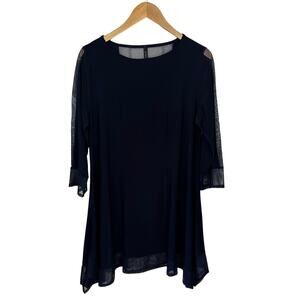 IC By Connie K Tunic Blouse Navy Blue Womens Size Large Sheer Panels Stretch Top